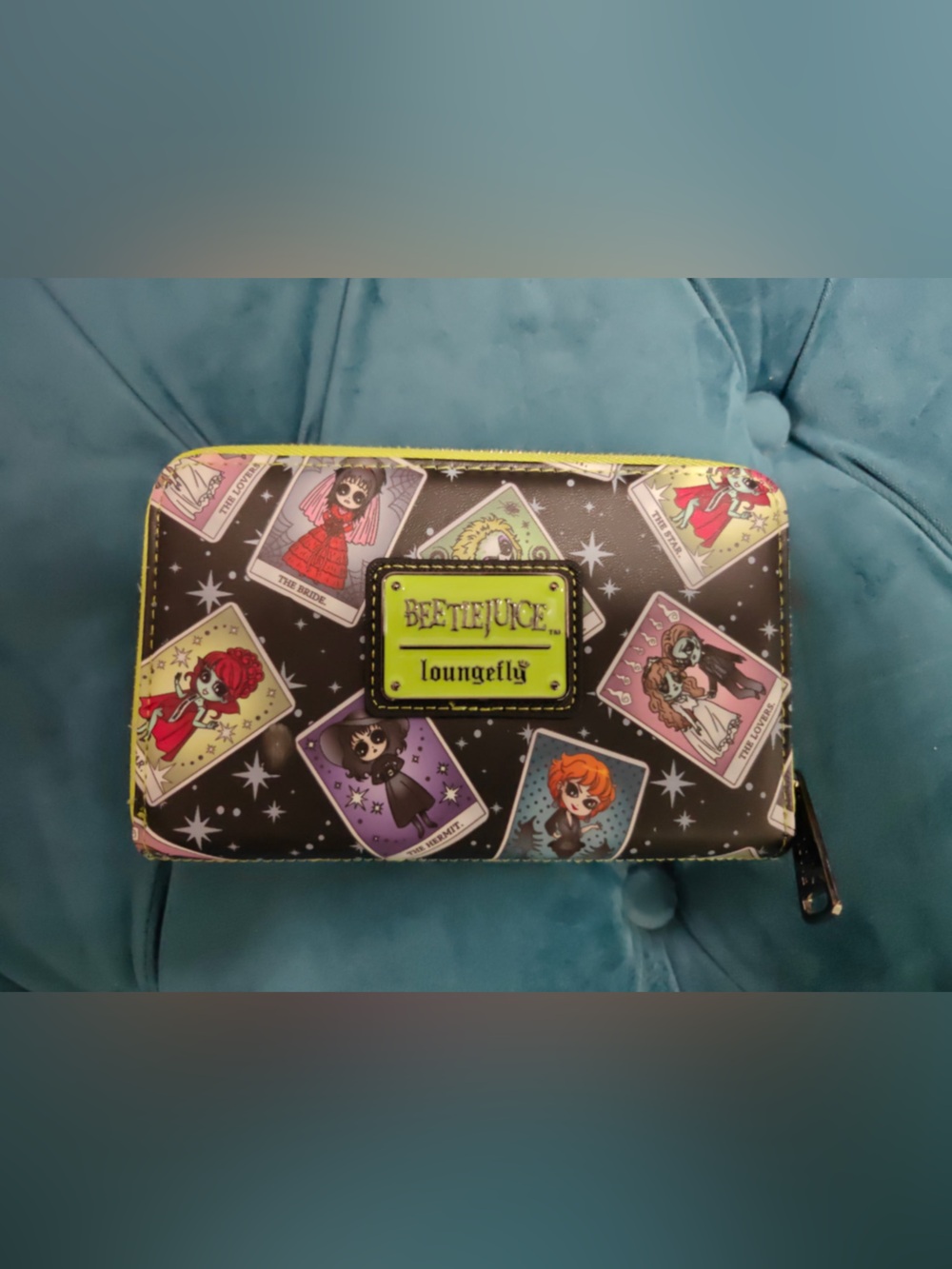 Beetlejuice Loungefly Black Wallet with Neon Yellow Tarot Card Print